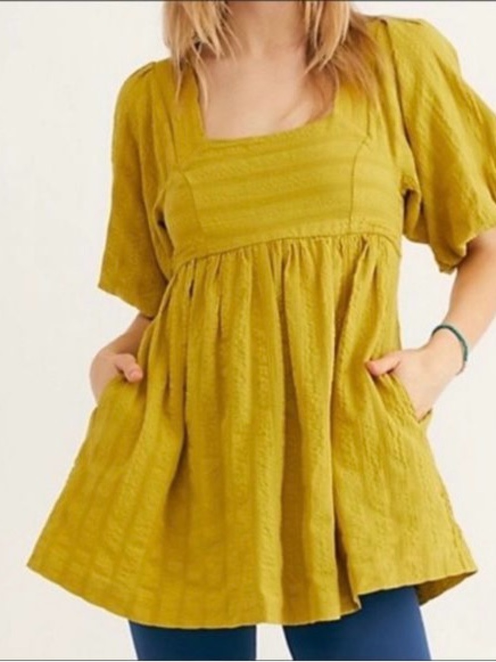 Free People Gigi Blouson Puff Sleeve Tunic in Chartreuse Boho Chic Size XS